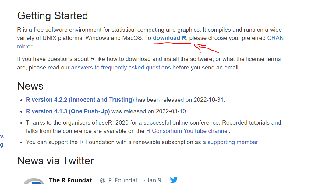 This picture has a red arrow that points to the link to download R