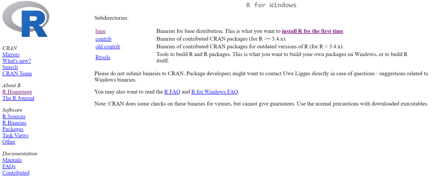 Picture shows the R webpage when users select Windows